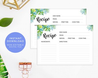 Tropical Recipe card Printable. Leaf Kitchen tea recipe card, Instant download Bridal Shower Recipe Card kitchen printable diy recipe