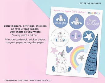 Boy Unicorn cake toppers, PRINTABLE unicorn boy party labels, Boys first birthday labels, Boy 1st birthday party decorations digital unicorn