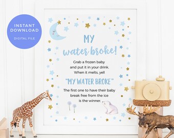 My water broke game PRINTABLE, Stars Baby shower game Twinkle twinkle melting baby sign INSTANT Download Boy Baby shower decoration digital