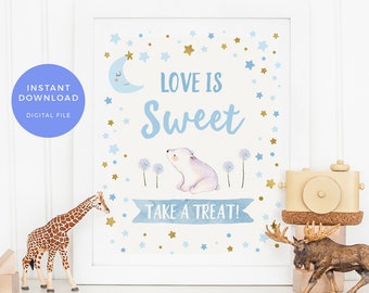 Cute Love is sweet sign, PRINTABLE. Blue twinkle twinkle Sweet Treats Baby shower sign Boy, Stars Bridal Shower moon night, Cute Engagement