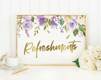 Refreshments Kitchen Tea sign, PRINTABLE Purple Baby Shower sign, Floral kitchen tea, Hens, Engagement sign, Bachelorette party printables