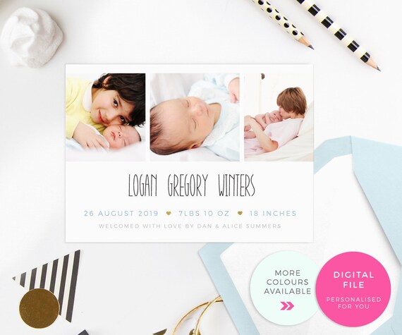 printable birth announcement card boy baby announcement digital cute birth stats card modern baby boy photo strip baby information pdf boy birth announcement cards
