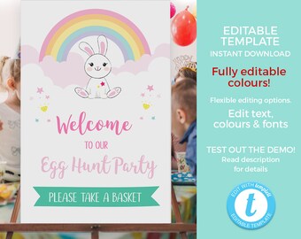 Easter Party welcome sign EDITABLE template, Easter sign Printable, Cute Easter Bunny poster, Easter party decorations rabbit rainbow