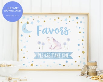 Baby Shower Favours sign PRINTABLE, Blue stars favors sign INSTANT DOWNLOAD twinkle twinkle party sign Moon polar bear digital Bridal shower