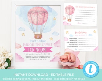 Hot air balloon Time Capsule TEMPLATE, Blue First birthday Time Capsule EDITABLE, Pink Time Capsule Sign Printable 1st birthday instant card