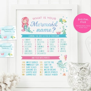 Mermaid name sign Printable, Mermaid name Games, Mermaid name poster, Whats your mermaid name sign Printable Party Game Party decor Discover
