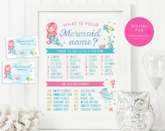 Mermaid name sign Printable, Mermaid name Games, Mermaid name poster, Whats your mermaid name sign Printable Party Game Party decor Discover