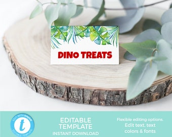 Tropical Food labels EDITABLE Template, Jungle Place cards PRINTABLE, Leaf name cards, Food tent Favor tag Dinosaur Birthday Party label boy