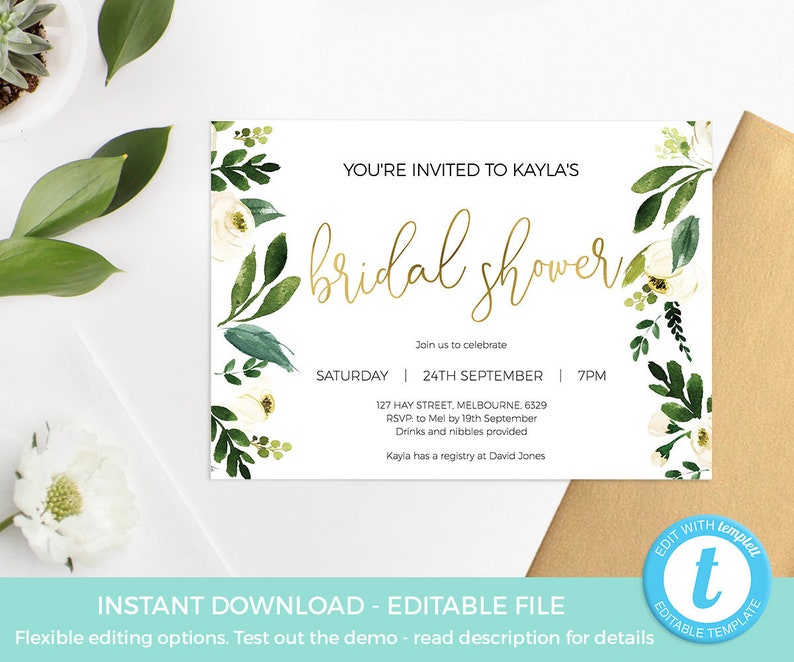 Bridal Shower invite template, Greenery Bridal Shower invitation PRINTABLE, editable INSTANT DOWNLOAD rose gold party Gold shower digital image 1