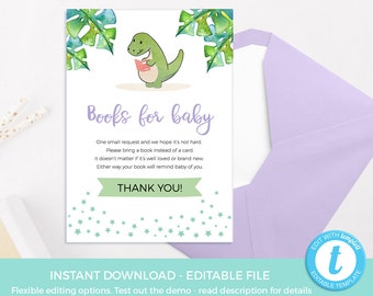 Dinosaur Books for Baby request card EDITABLE template, Book request PRINTABLE, Baby shower, Tropical Dinosaur party decorations, Reading