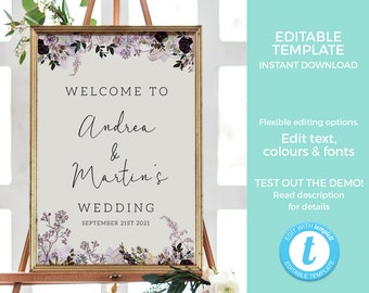 Mauve welcome sign PRINTABLE, Vintage birthday sign TEMPLATE, Lavender baby shower sign EDITABLE Woodland baby sprinkle 30th Whimsical lilac