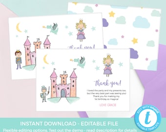 Editable Princess thank you cards TEMPLATE Fairytale thank you card Printable Royal thank you card Kid party favours thankyou card Magical