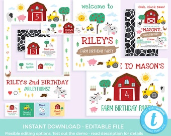 Farm Party Decor Set EDITABLE templates, Printable Barnyard sign, farm invitation, petting zoo backdrop, Farm decorations animal invites pig