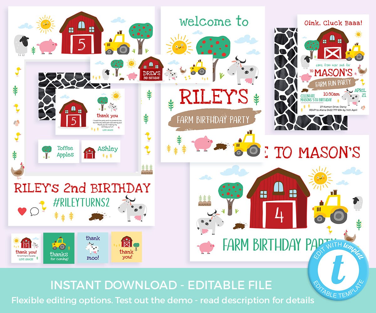 Farm Party Decor Set EDITABLE Templates Printable Barnyard ...
