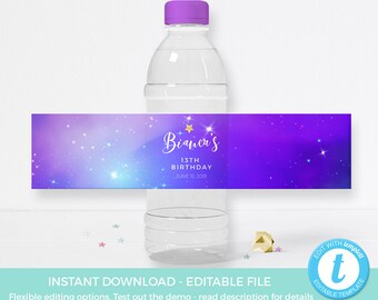 Galaxy water bottle labels PRINTABLE, Galaxy label TEMPLATE, Space birthday label Editable, sleepover, slumber party spa party baby shower