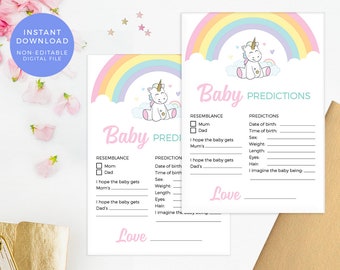 Unicorn Baby prediction card DOWNLOAD, Baby Shower games, Pink Baby Prediction game PRINTABLE, Rainbow Baby shower decoration, Baby sprinkle
