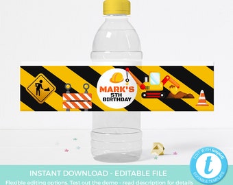 Construction water bottle labels EDITABLE, Construction label PRINTABLE, Yellow black party labels PRINTABLE, Kids, Boy Construction decor