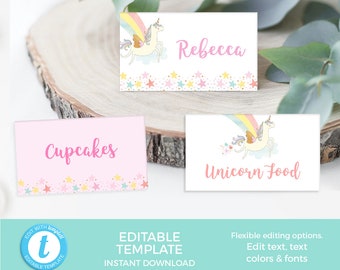 Unicorn place cards TEMPLATE, EDITABLE food tent cards PRINTABLE, Unicorn food labels instant download, Unicorn Table cards food tag