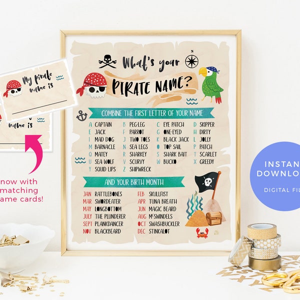 Whats your Pirate name sign, Pirate name game,  Pirate sign, Pirate party sign Pirate birthday sign Printable Pirate game Pirate decorations