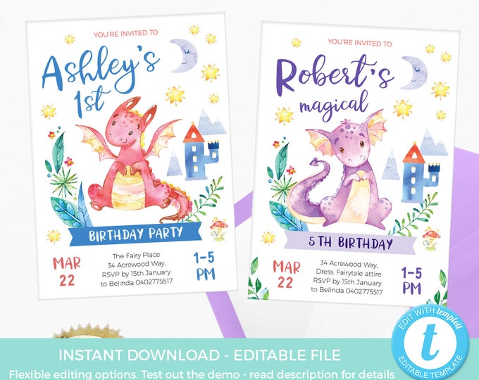 Dragon Birthday Invitations Editable Template, PRINTABLE Dragon ...