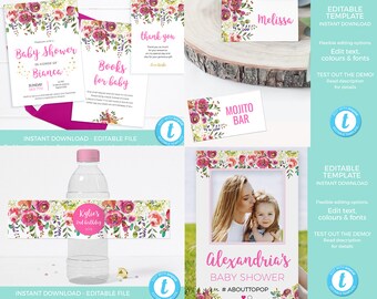 Floral Baby Shower Decorations Pack EDITABLE TEMPLATES, Invitation Floral Party decor pack INSTANT download, Photo frame, bottle label tags