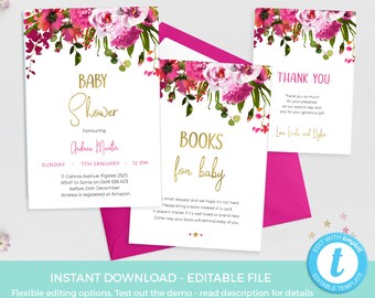 Bright Pink Red Baby Shower invitation suite EDITABLE templates, Floral Invitation set PRINTABLE, thank you, books for baby, Baby sprinkle