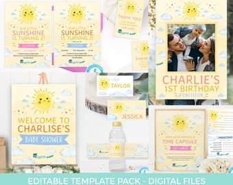 Little sunshine party PRINTABLE Pack, You are my Sunshine birthday TEMPLATE, summer baby shower EDITABLE, party decoration, instant download