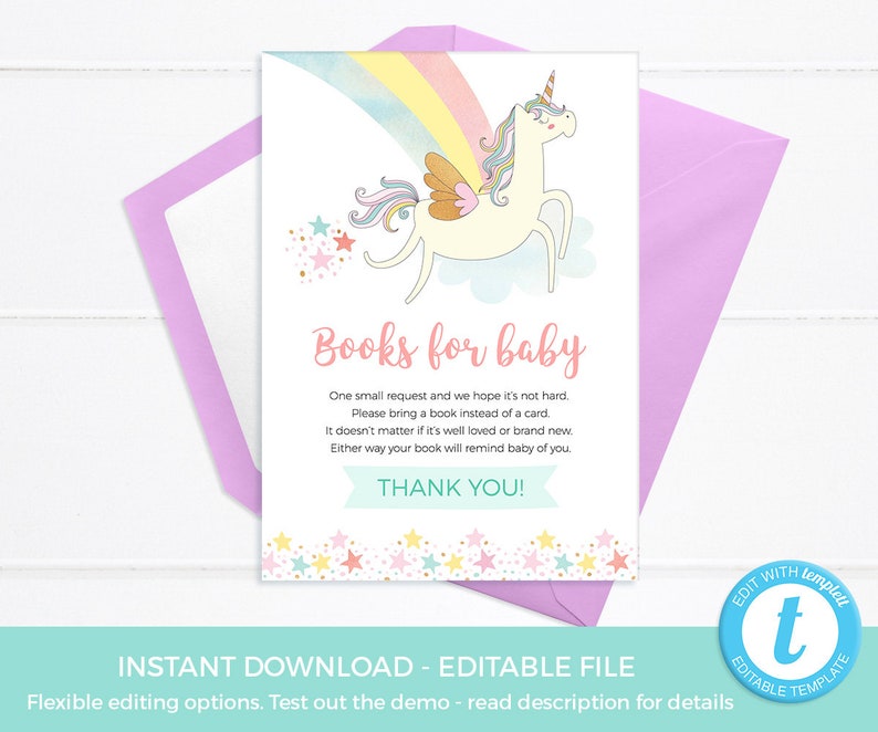 unicorn thank you card template editable unicorn birthday etsy