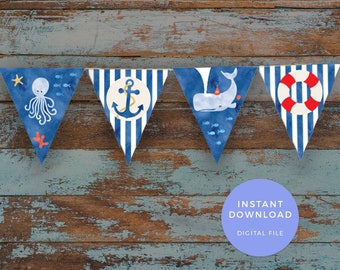 Nautical paper garland, Under the sea bunting, PRINTABLE flag bunting DOWNLOAD Whale decoration under the sea banner ocean pool party decor