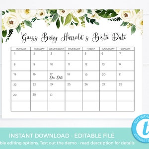 Guess Baby Due Date Calendar EDITABLE Template Guess Baby Birthday ...