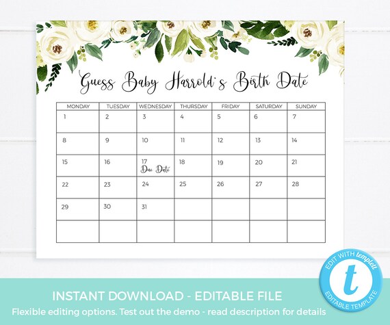 Guess Baby Due Date Calendar EDITABLE Template Guess Baby - Etsy Hong Kong