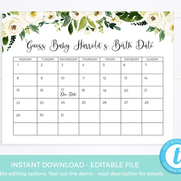 Guess Baby Due Date Kalender EDITABLE Vorlage Guess Baby Birthday PRINTABLE, Greenery Baby Shower Games INSTANT download, gender neutral