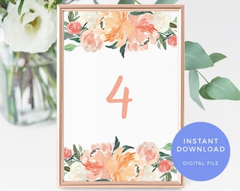 Peach Table numbers INSTANT download. Blush Table number cards PRINTABLE. 1-12 digital floral table cards, table decor 4x6 5x7 table signs