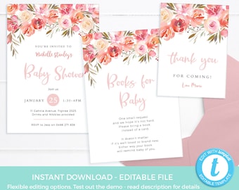 Baby Shower invitation set EDITABLE templates, Floral Pink Invitation PRINTABLE, Blush thank you card, Books for Baby, Baby sprinkle, Girl