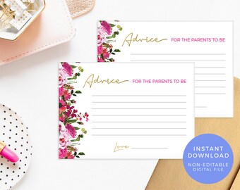 Advice for parents card Printable, Bright Floral Baby Shower Advice card Game, Pink Baby Shower game parents to be advice for mom