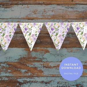 Purple Floral paper garland, PRINTABLE Lilac Flag bunting, INSTANT download, floral bunting, bridal shower decorations, baby shower banner