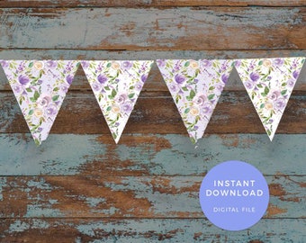 Purple Floral paper garland, PRINTABLE Lilac Flag bunting, INSTANT download, floral bunting, bridal shower decorations, baby shower banner