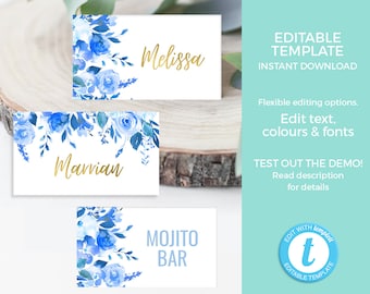 Blue Floral Place card EDITABLE, Blue Baby shower food label TEMPLATE, Christening food tent PRINTABLE, Blue Table cards Boy Baby Sprinkle