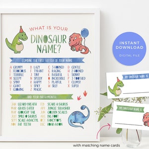 Dinosaur name sign Printable, Dinosaur name Games, Dinosaur name poster, Whats your dinosaur name sign, Dinosaur Games Dinosaur decorations image 1