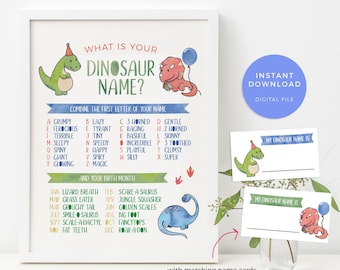 Dinosaur name sign Printable, Dinosaur name Games, Dinosaur name poster, Whats your dinosaur name sign, Dinosaur Games Dinosaur decorations