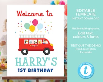 Fire truck welcome sign EDITABLE template, Fire engine PRINTABLE sign, Firetruck party sign, party decor, Boy birthday poster 1st, 2nd, 3rd