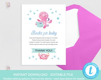 Books for baby request card EDITABLE template, Under the sea baby shower card Printable, Octopus baby sprinkle, baby brunch, pool party Crab