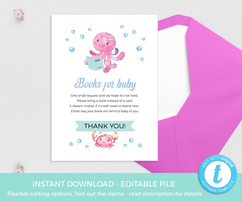 Octopus baby sprinkle baby brunch Under the sea baby shower card Printable Books for baby request card EDITABLE template pool party Crab