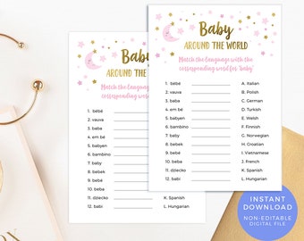 Baby around the world game PRINTABLE, Girl Baby Shower Game, Moon Star Baby name game, Pink Baby Sprinkle Game instant download, twinkle