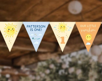 Little Sunshine garland PRINTABLE, EDITABLE 1st birthday Flag bunting Template, INSTANT download, baby shower decor, first birthday banner