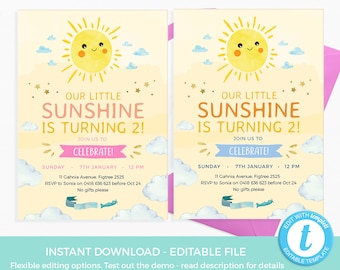 You are my sunshine Invitation PRINTABLE, little sunshine birthday invite TEMPLATE, summer birthday invitation EDITABLE party invitation