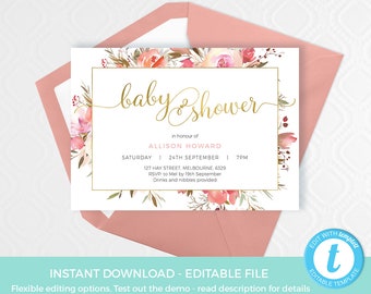 Pink Gold baby shower invitation Printable. Gold pink Baby shower invite TEMPLATE, Editable Floral Baby shower invite elegant gold foil