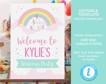 EDITABLE Unicorn birthday party sign TEMPLATE, Unicorn welcome sign PRINTABLE, 1st Unicorn party decorations, Unicorn theme instant download