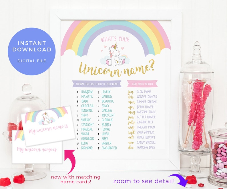 Unicorn name sign Printable, Unicorn name Games, Unicorn name poster, Whats your unicorn name sign Printable Party Game Party decor Discover image 1