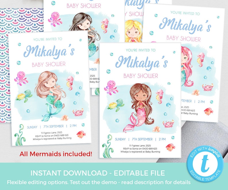 Octopus baby sprinkle baby brunch Under the sea baby shower card Printable Books for baby request card EDITABLE template pool party Crab